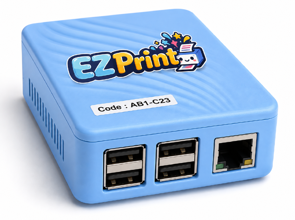 The EZPrint Hub: a small blue box with four USB ports, a network socket and a setup code on the lid